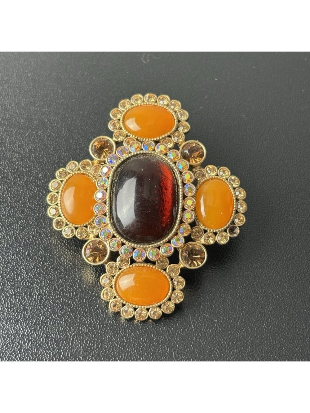 Vintage Gold Tone Maltese Cross Brooch Pin Orange Amber 2 1/4" Rhinestone
